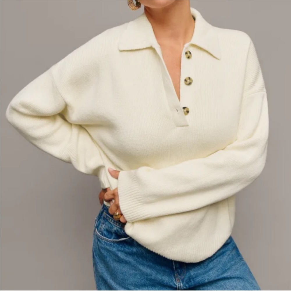 Reformation Brooklyn Polo Cream Sweater with Button Collar - 100% Organic Cotton